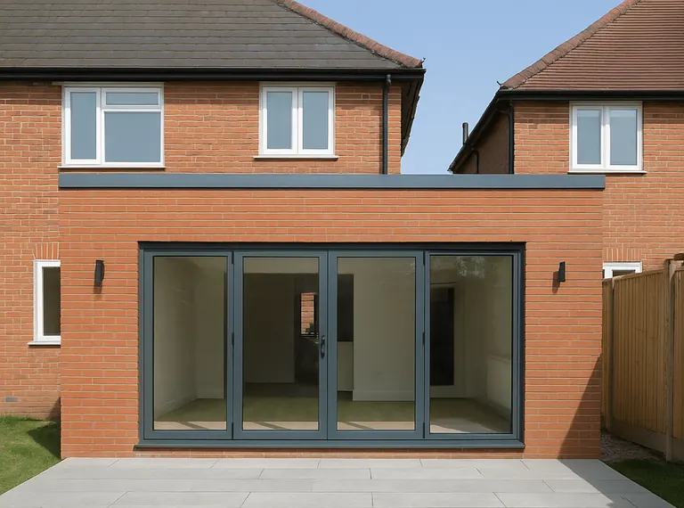 Wide brick rear extension with large grey bi-fold doors and a flat roof on a Manchester home