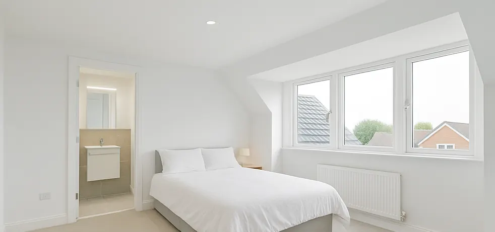 Bright dormer loft conversion bedroom with an en-suite, completed by Builders Manchester Ltd in Didsbury
