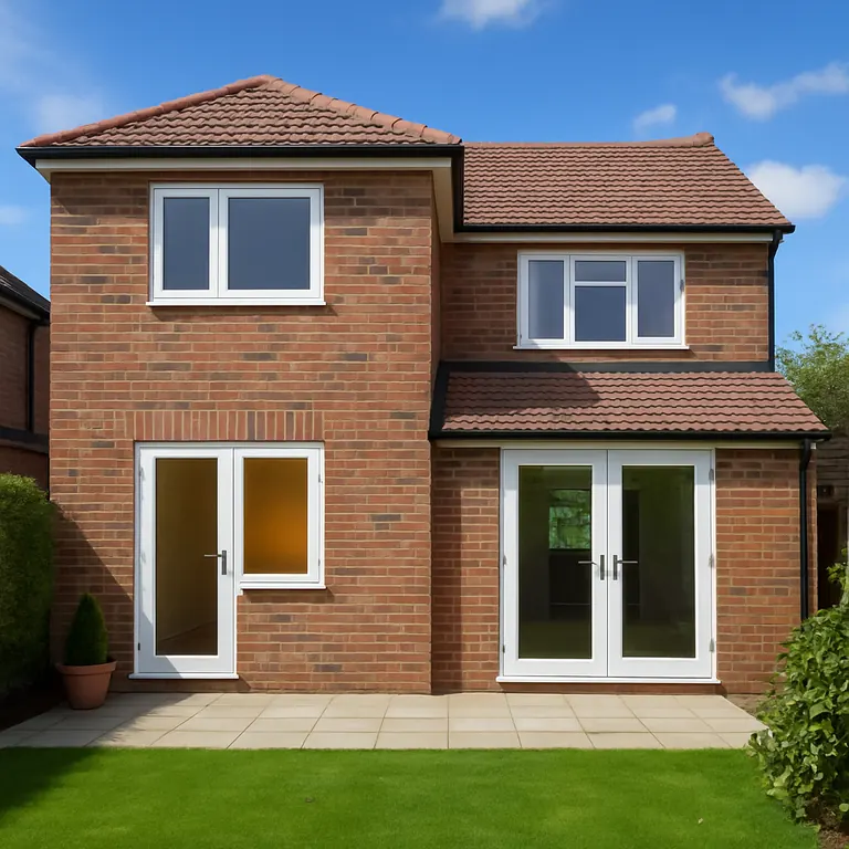 Two-storey brick extension with a tiled roof added to the back of a detached house in Greater Manchester