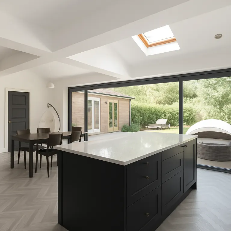 Open-plan kitchen extension interior with a navy island and rooflight
