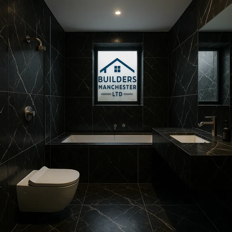 Luxury bathroom renovation in Manchester with black marble-effect tiles, a built-in bath and wall-hung toilet