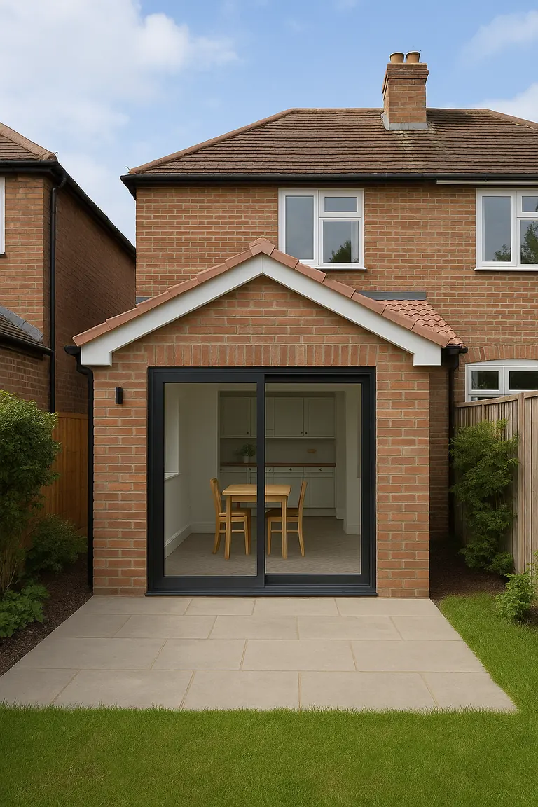 Brick rear extension with a pitched tiled roof and black sliding doors on a semi-detached house in Manchester