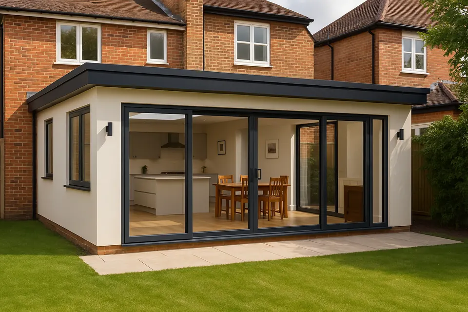 Modern single-storey rear extension with full-width sliding doors, built by Builders Manchester Ltd