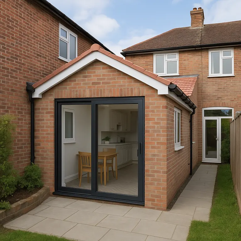 Brick side return extension with a pitched roof and sliding doors on a Manchester terraced house