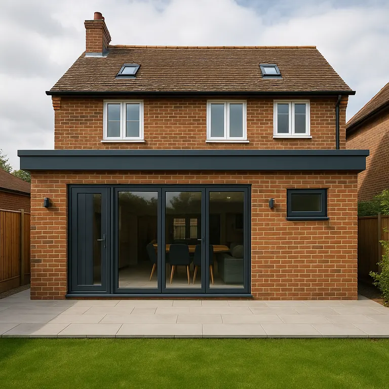 Brick single-storey rear extension with a flat roof and anthracite bi-fold doors on a Manchester house